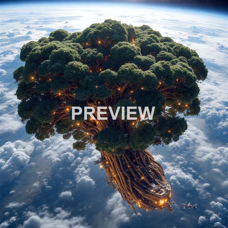 An enormous, fantastical tree with lush green foliage and glowing lights, floating above the clouds in space with a spacecraft nearby.